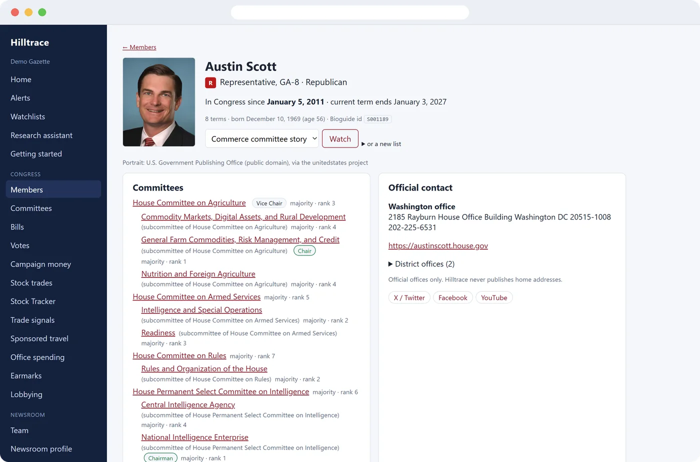 Hilltrace showing a member of Congress's profile: committees, recent votes and campaign money